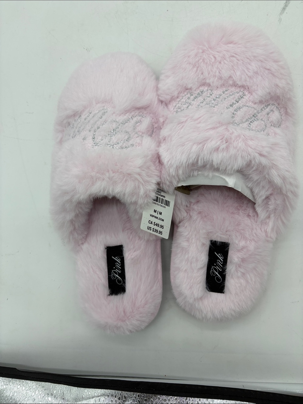PINK Victoria's Secret Light Pink Fuzzy Slide Slippers with Crystal Script